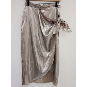 River Island Metallic Faux Wrap Maxi Skirt Gold Tie Waist Side Slit